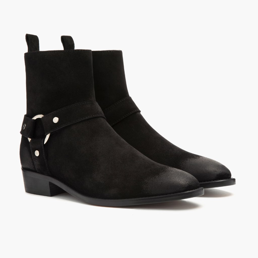 Harness Sort Suede Læderstøvler til Mænd in Black Goatskin Suede - Sidevisning | Køb online