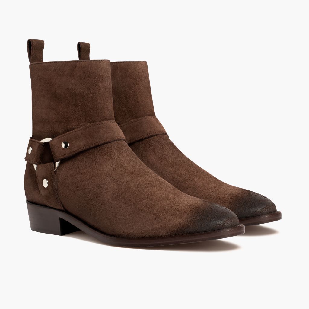 Harness Dark Brun Suede Læderstøvler til Mænd in Dark Brown Goatskin Suede - Sidevisning | Køb online