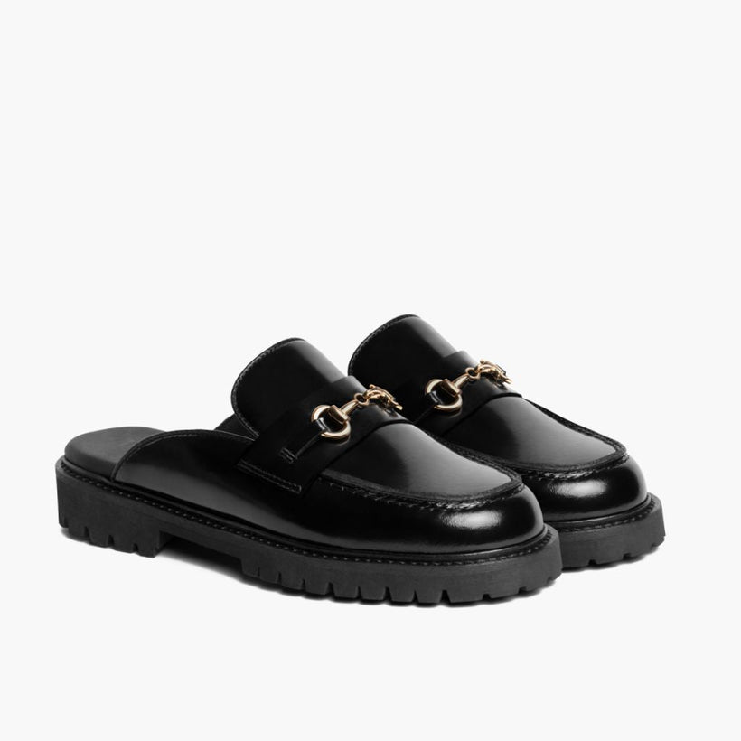 Penny Mule Sort & Gold Leather Loafers til Kvinder