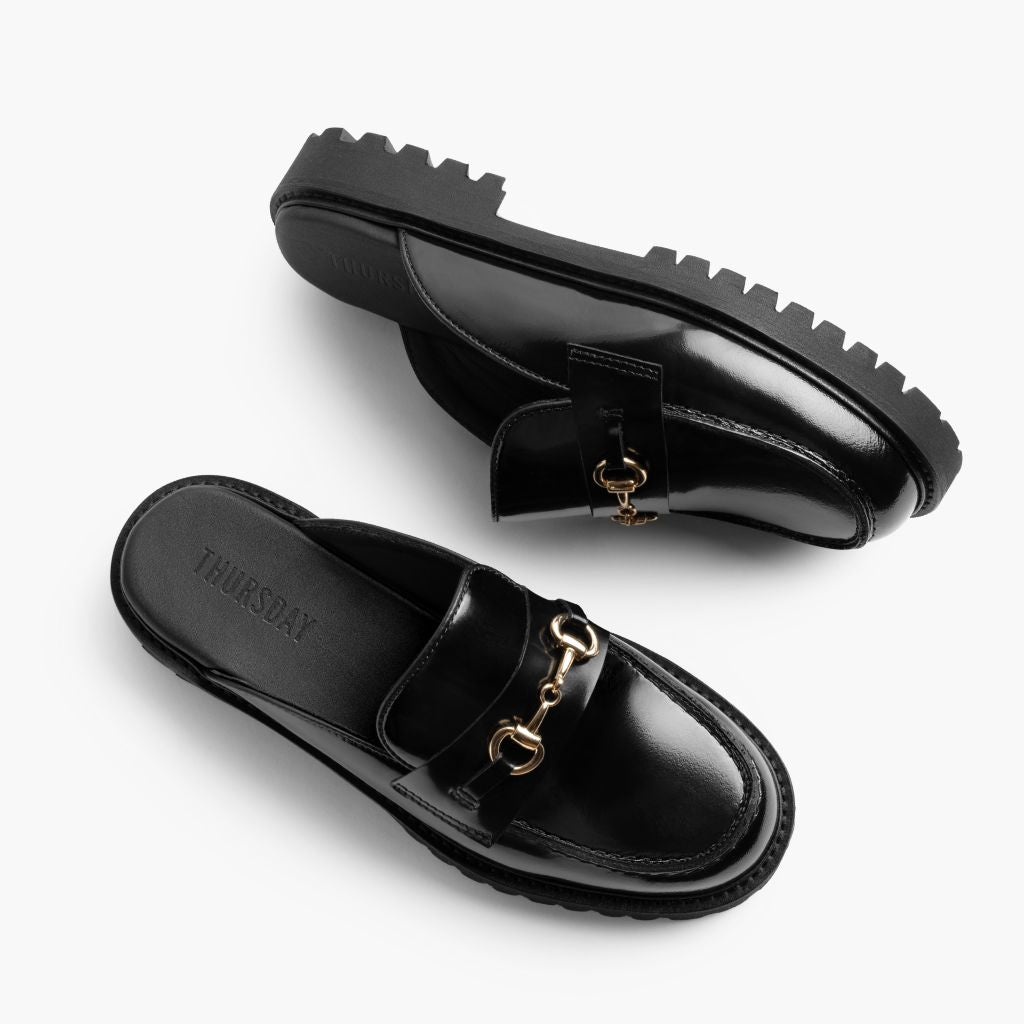 High-Traction Rubber Outsole & Lug Tread Pattern on Penny Mule Sort & Gold Læderloafers til Damer