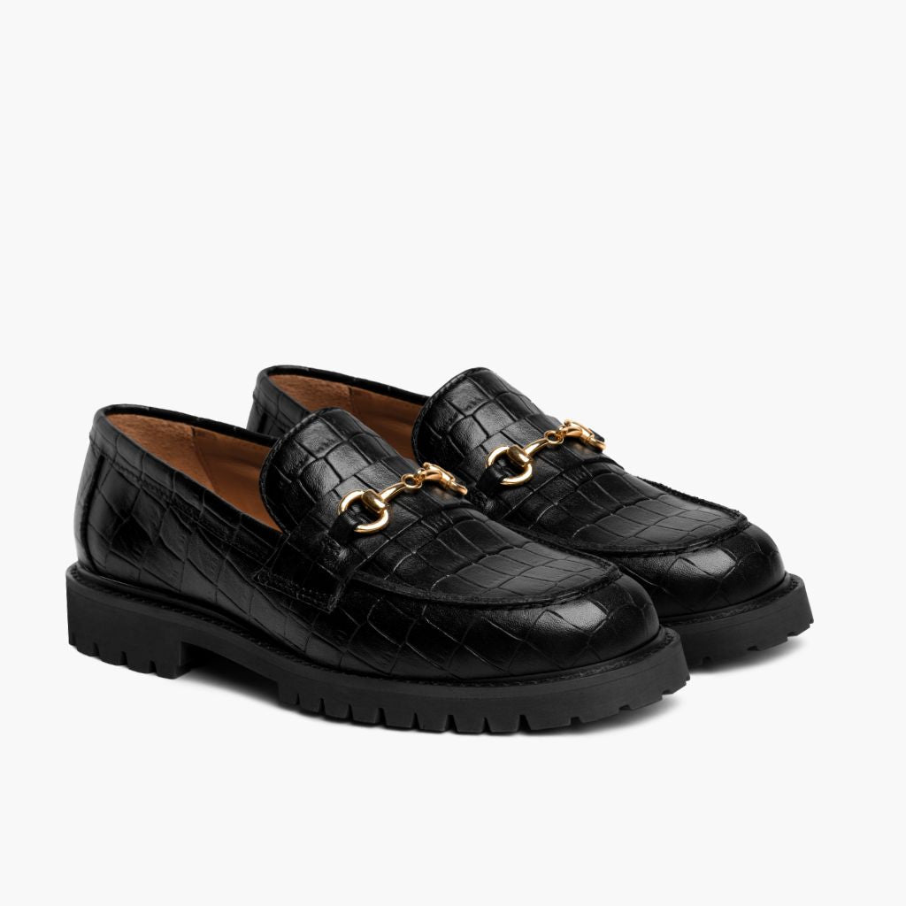 Penny Sort & Gold Croco Læderloafers til Damer i sort ægte okselæder - Sidevisning | Køb online