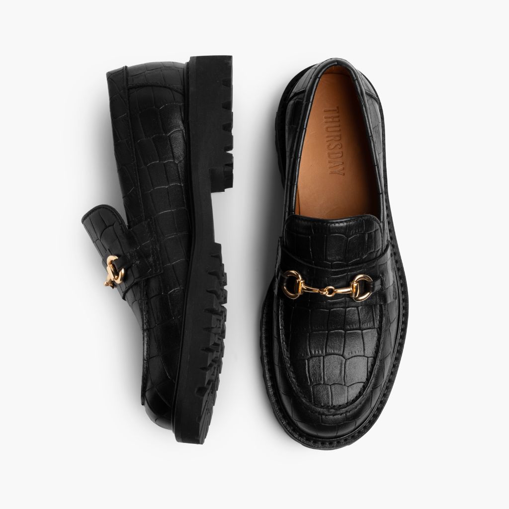 Penny Sort & Gold Croco Læderloafers til Damer - Forstærket hælkappe og præcise dobbeltsyninger