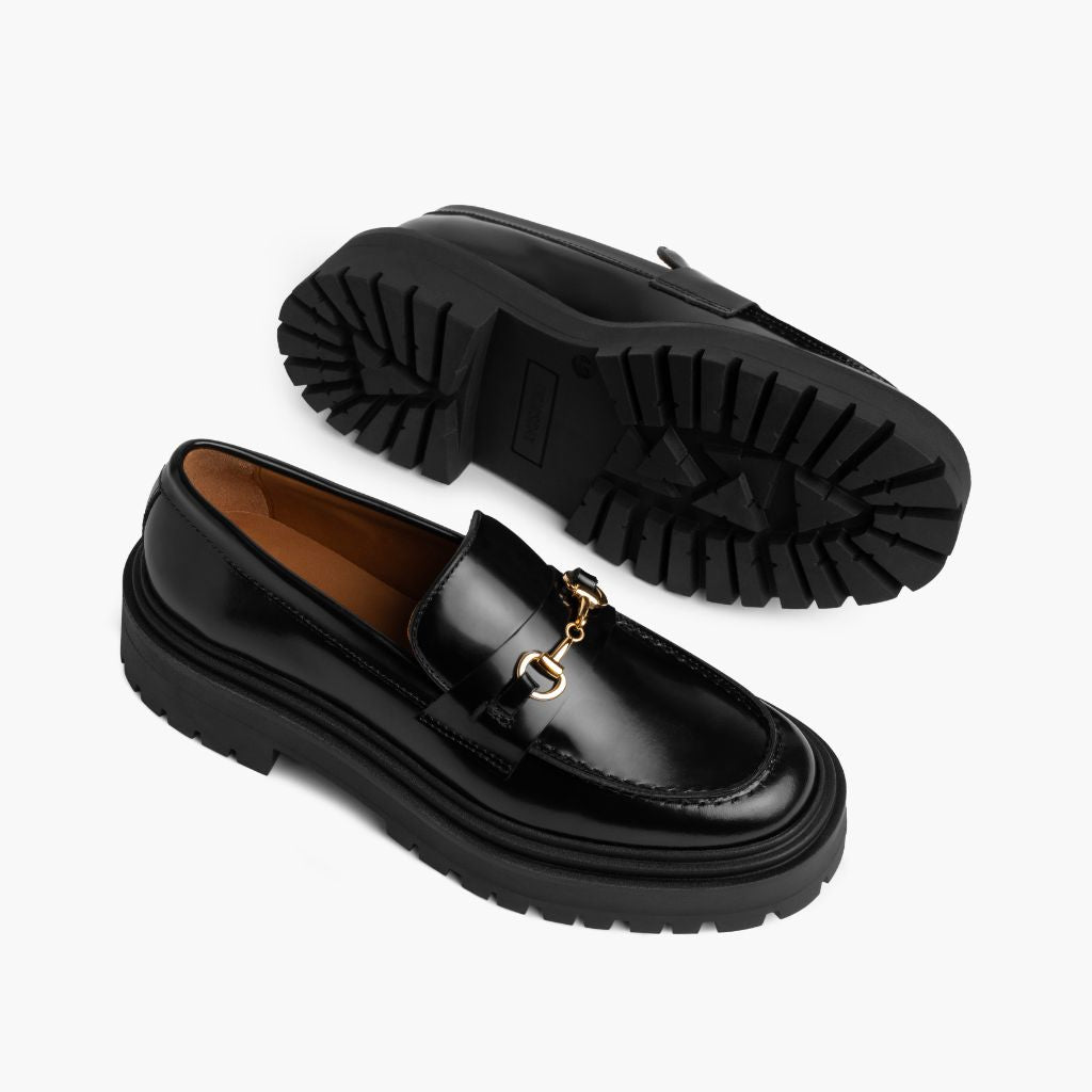 High-Traction Rubber Outsole & Lug Tread Pattern on Penny Platform Sort & Gold Læderloafers til Damer