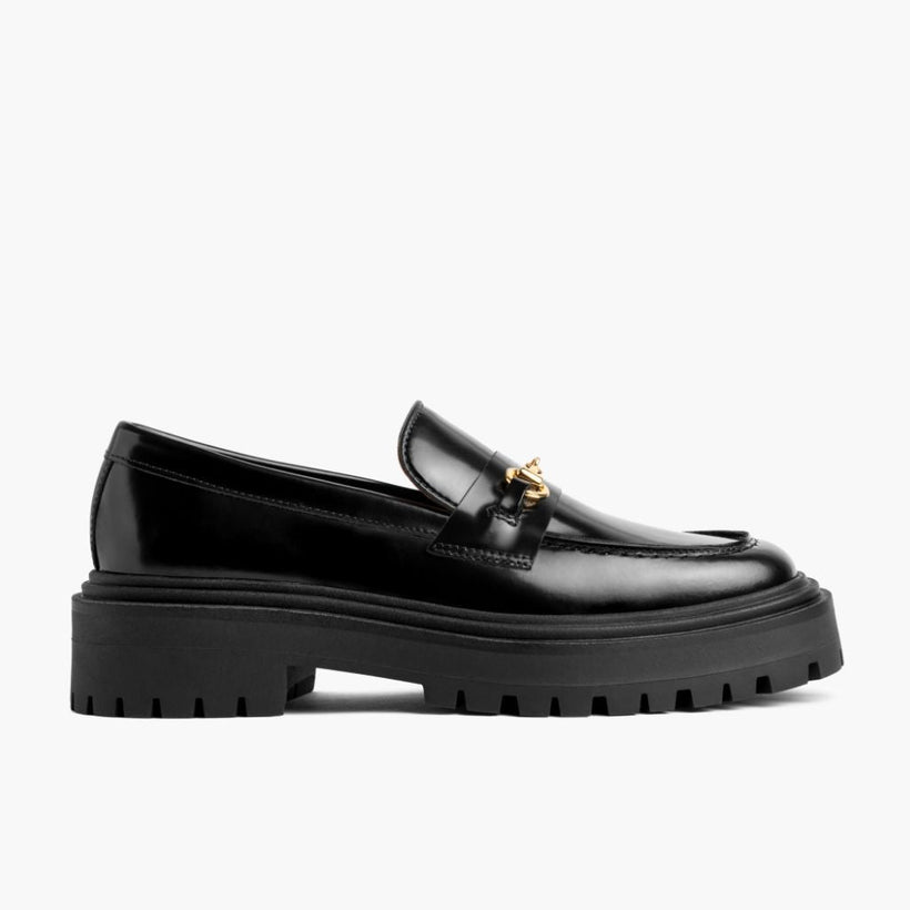 Penny Platform Sort & Gold Leather Loafers til Kvinder