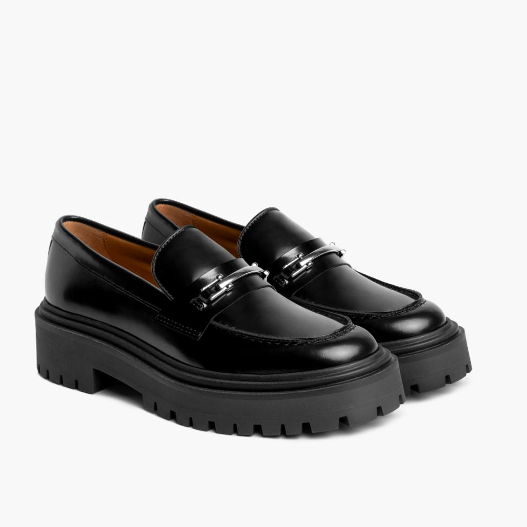 Penny Platform Sort & Silver Læderloafers til Damer i sort ægte okselæder - Sidevisning | Køb online