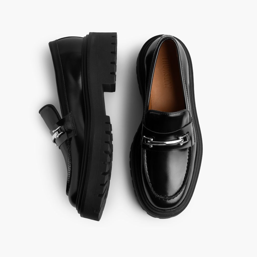 Penny Platform Sort & Silver Læderloafers til Damer - Forstærket hælkappe og præcise dobbeltsyninger