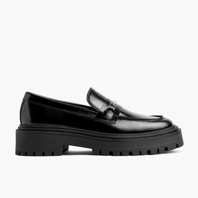Penny Platform Sort & Silver Leather Loafers til Kvinder