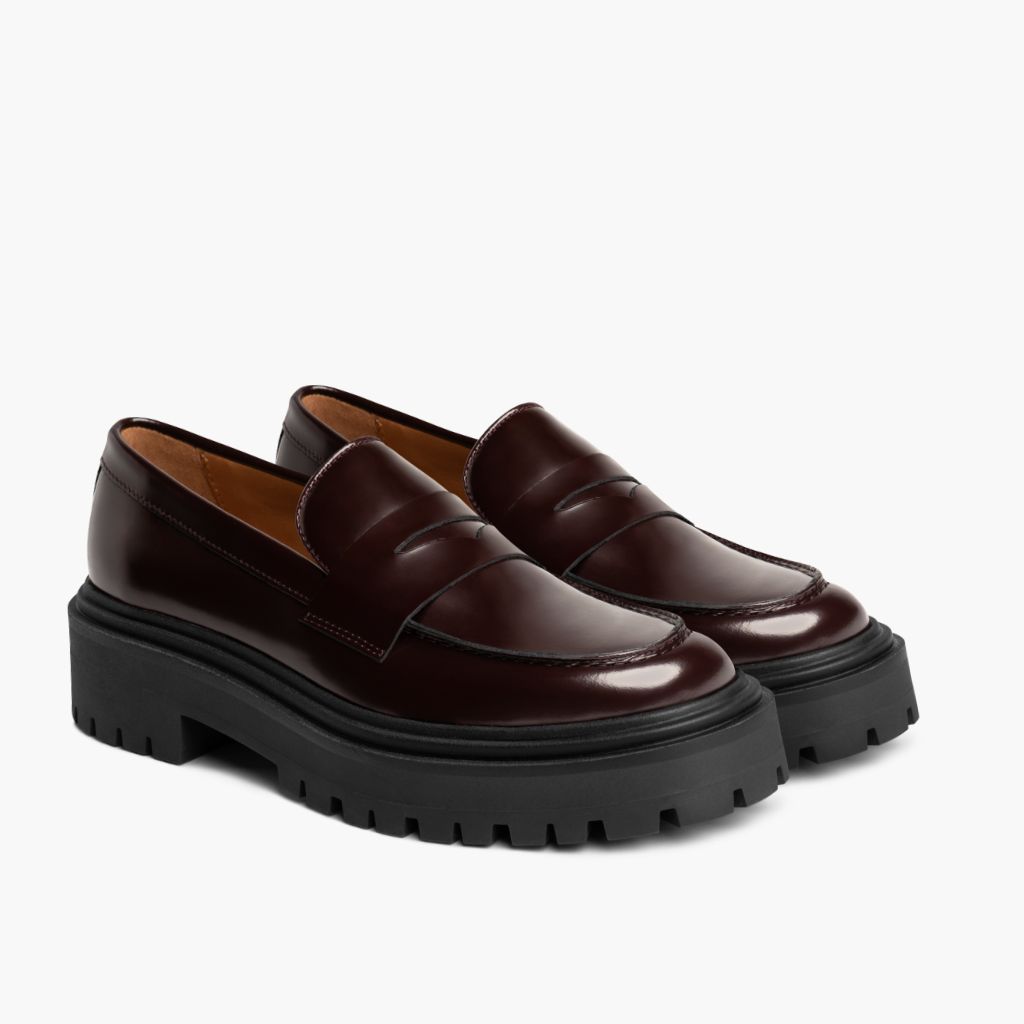 Penny Platform Bordeaux Læderstøvler til Damer in Burgundy Full-Grain Leather - Sidevisning | Køb online