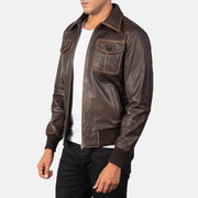 Brown Goatskin Leather Bomber Jacket - Back View Showing Tailored Shoulder Fit &amp; Clean Hemline
