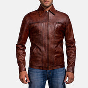 Men's Abstract Maroon Læderjakke til Mænd in Distressed Brown Sheep Skin Burnishing - Front Profile View &amp; Tailored Silhouette | Buy Online