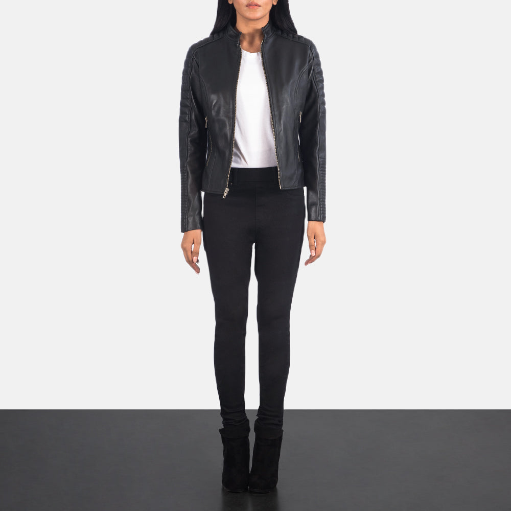 Women's Adalyn Quilted Sort Læder Bikerjakke til Kvinder - Lateral Side Profile View Showing Sleeve Cut &amp; Athletic Taper Fit