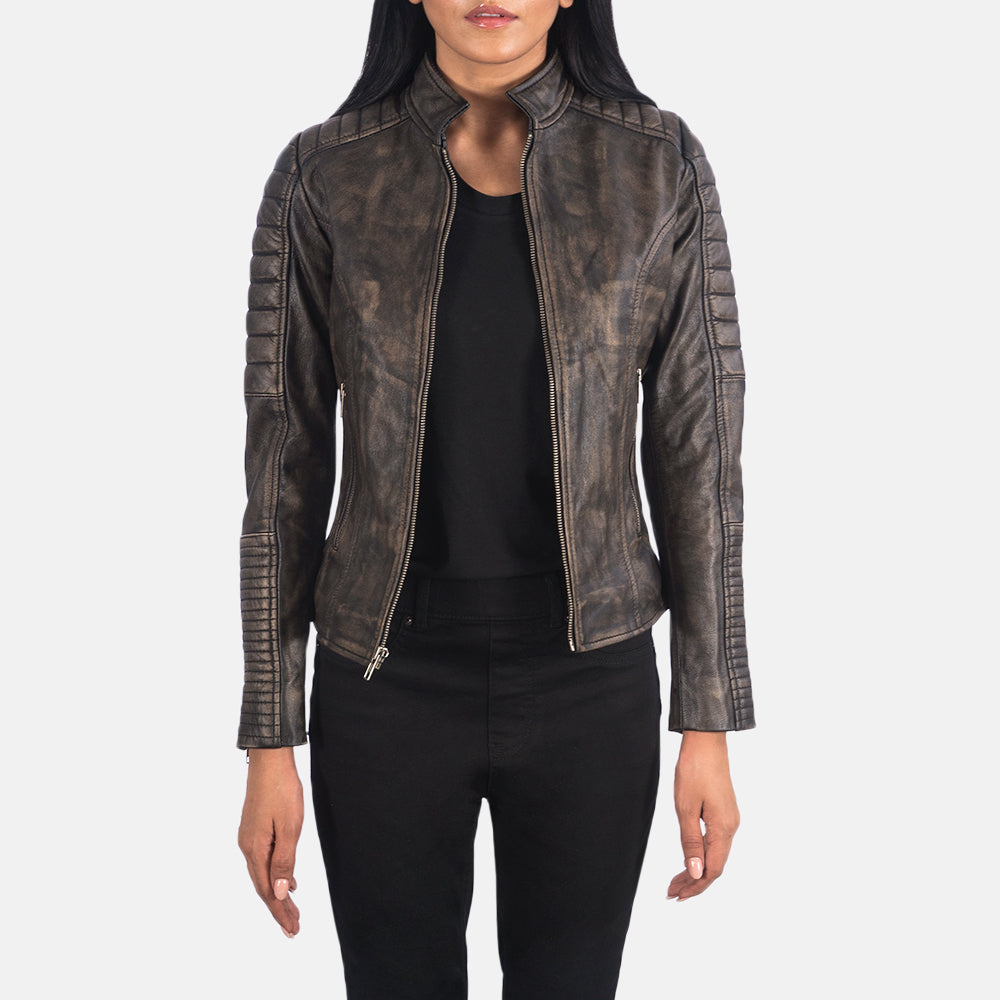 
Adalyn Quiltet Distressed Brun Bikerjakke i Læder til Damer in Distressed Brown Goatskin Leather - Forfra med skræddersyet silhuet | Køb online