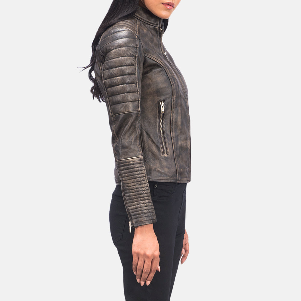 
Distressed Brown Goatskin Leather Biker Jacket - Bagfra med tilpassede skuldre og ren kant