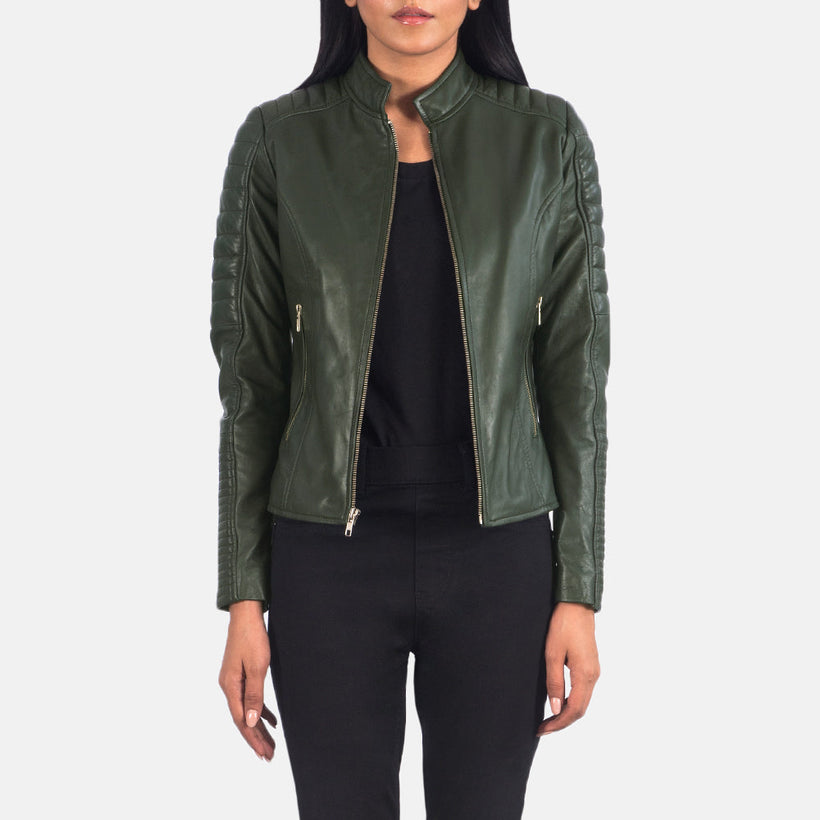 Women's Adalyn Quilted Green Leather Biker Jacket in Green Sheepskin Leather - Front Profile View & Tailored Silhouette | Buy Online