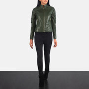 Women's Adalyn Quilted Green Læder Bikerjakke til Kvinder - Lateral Side Profile View Showing Sleeve Cut &amp; Athletic Taper Fit