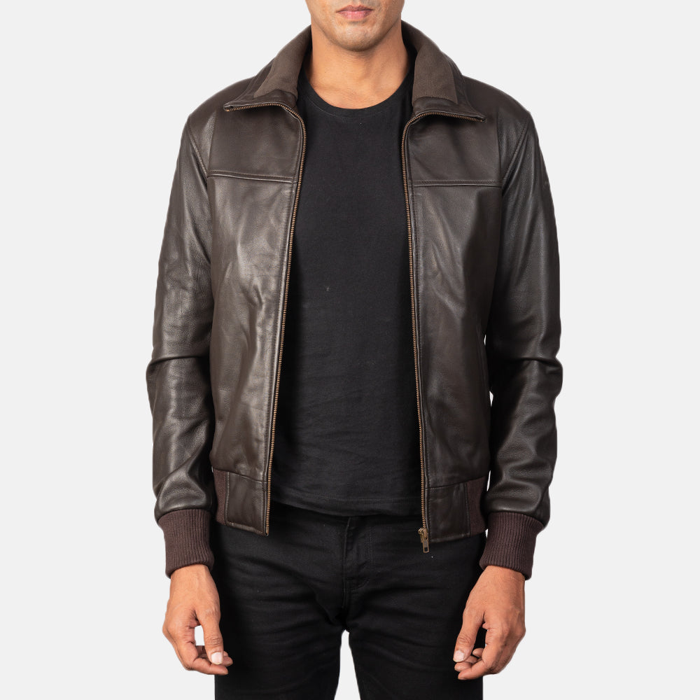 
Air Rolf Mocha Brown Leather Bomber Jacket in Dark Brown Sheepskin Leather - Forfra med skræddersyet silhuet | Køb online