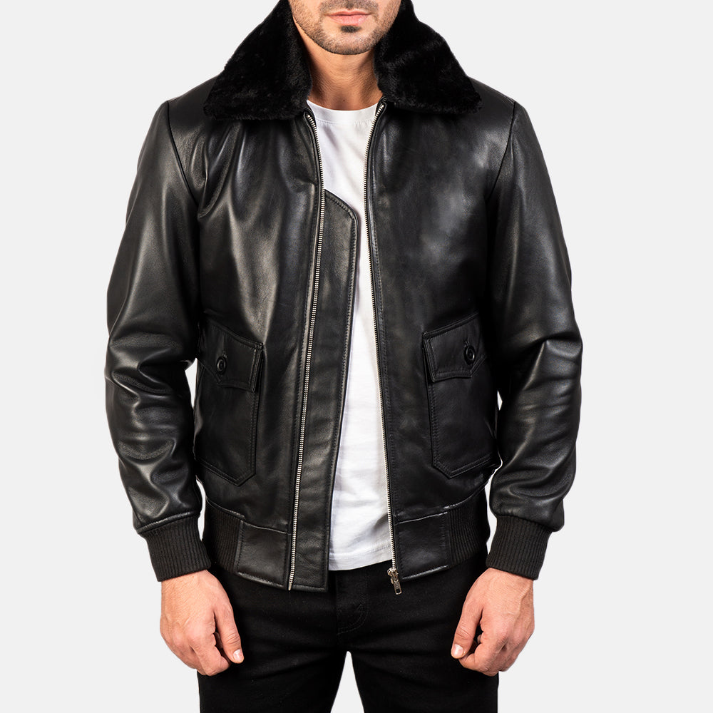 
Airin G-1 Sort Bomberjakke i Læder til Mænd in Black Sheepskin Leather - Forfra med skræddersyet silhuet | Køb online