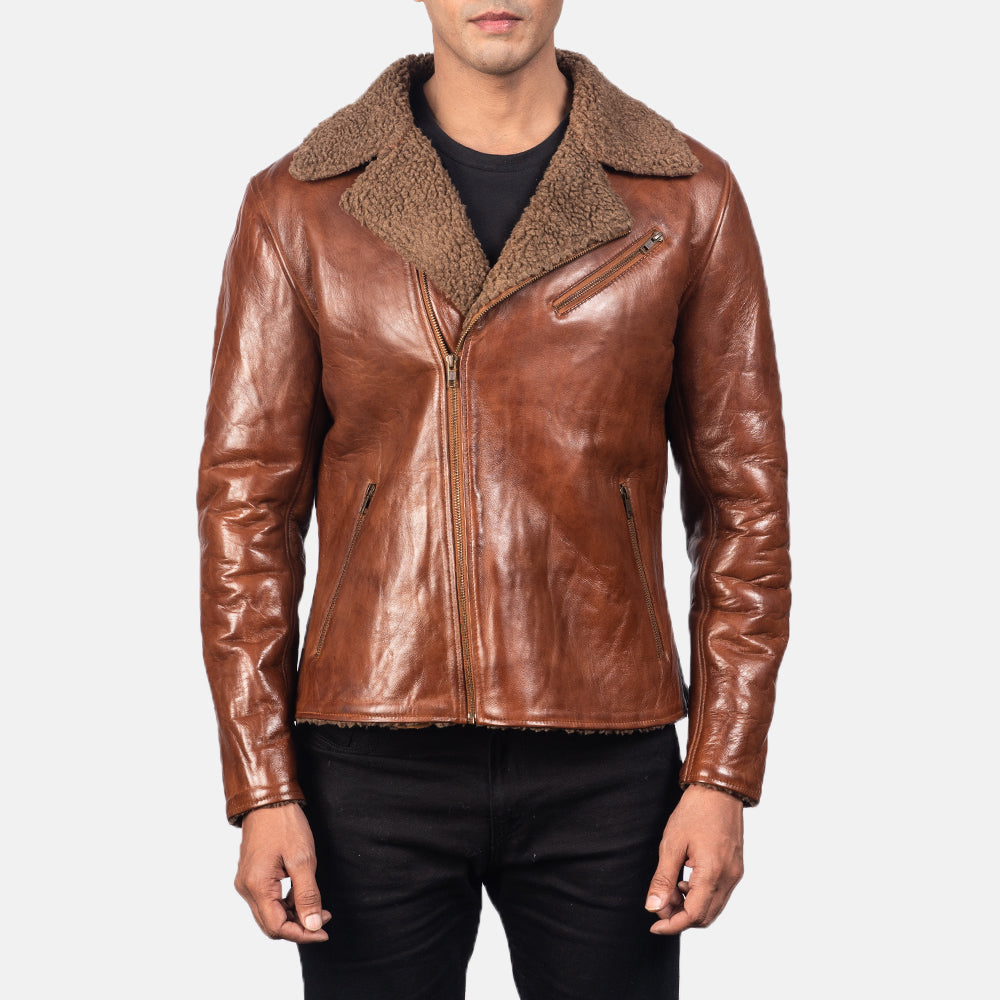 Men's Alberto Shearling Brun Læderjakke til Mænd - Lateral Side Profile View Showing Sleeve Cut &amp; Athletic Taper Fit