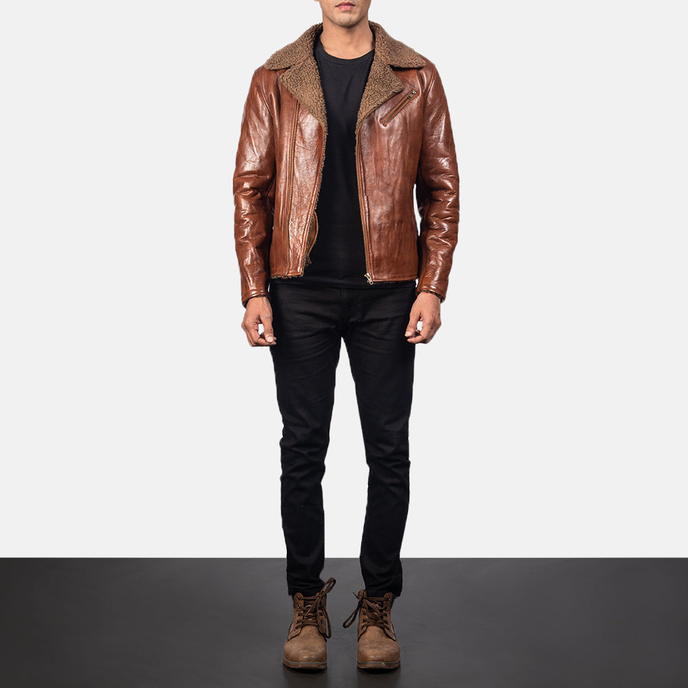 Close-Up Detail of Notch &amp; Zipper Hardware on Men's Alberto Shearling Brun Læderjakke til Mænd