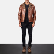 Close-Up Detail of Notch &amp; Zipper Hardware on Men's Alberto Shearling Brun Læderjakke til Mænd