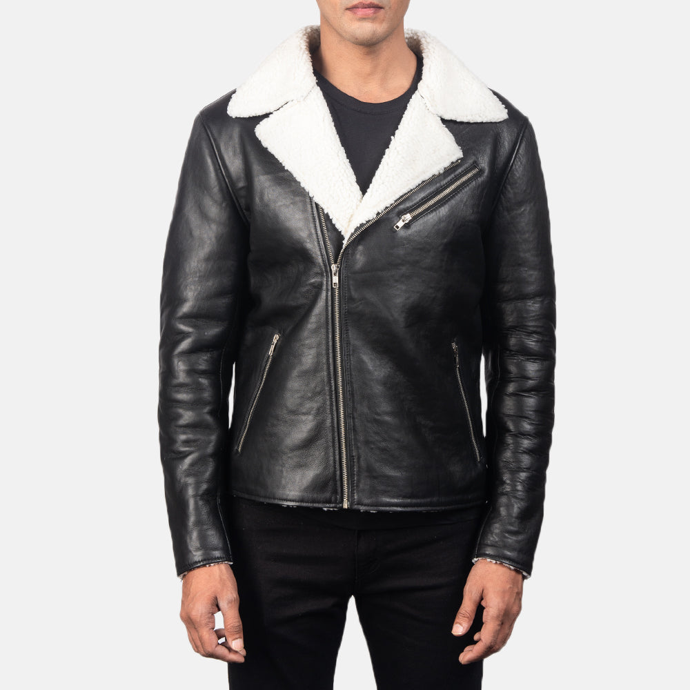 Men's Alberto White Shearling Black Leather Jacket - Lateral Side Profile View Showing Sleeve Cut & Athletic Taper Fit