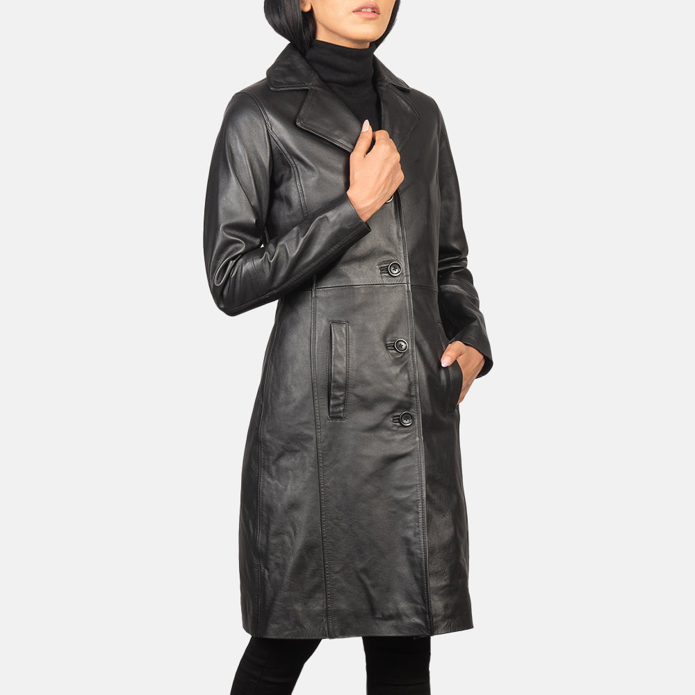 
Black Cowhide leather Coat - Bagfra med tilpassede skuldre og ren kant
