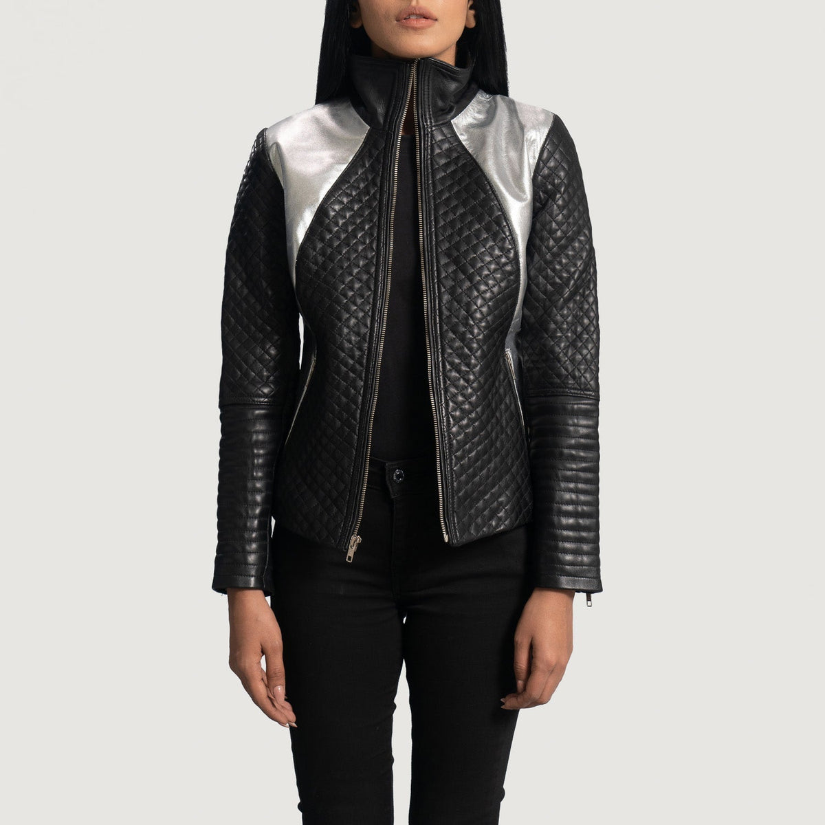 Women's Alia Metallic Sort Læder Bikerjakke til Kvinder in Black Sheepskin Leather - Front Profile View &amp; Tailored Silhouette | Buy Online