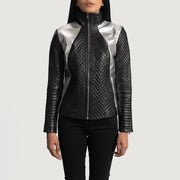 Women's Alia Metallic Sort Læder Bikerjakke til Kvinder - Lateral Side Profile View Showing Sleeve Cut &amp; Athletic Taper Fit