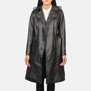 
Alice Black Double Breasted Leather Coat - Sideprofil med ergonomisk ærmesnit