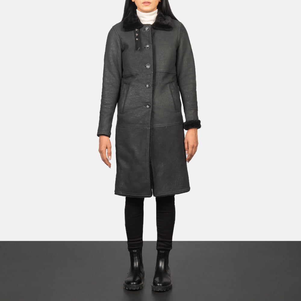 Women's Alina Shearling Sort Leather Coat til Kvinder in Distressed Black Sheepskin Leather - Front Profile View &amp; Tailored Silhouette | Buy Online