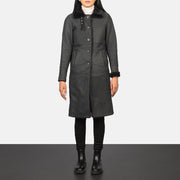 Women's Alina Shearling Sort Leather Coat til Kvinder in Distressed Black Sheepskin Leather - Front Profile View &amp; Tailored Silhouette | Buy Online