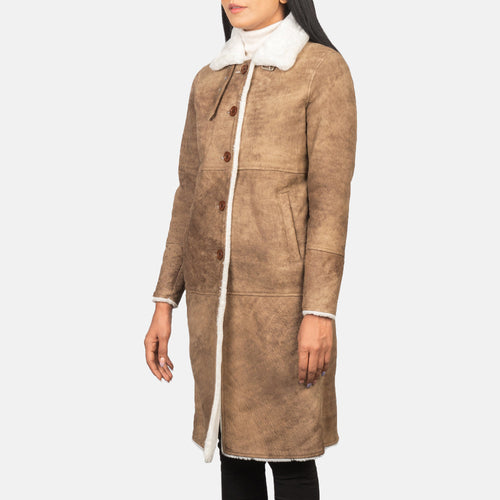 Women's Alina Shearling Brown Leather Coat in Distressed Brown Sheepskin Leather - Front Profile View & Tailored Silhouette | Buy Online