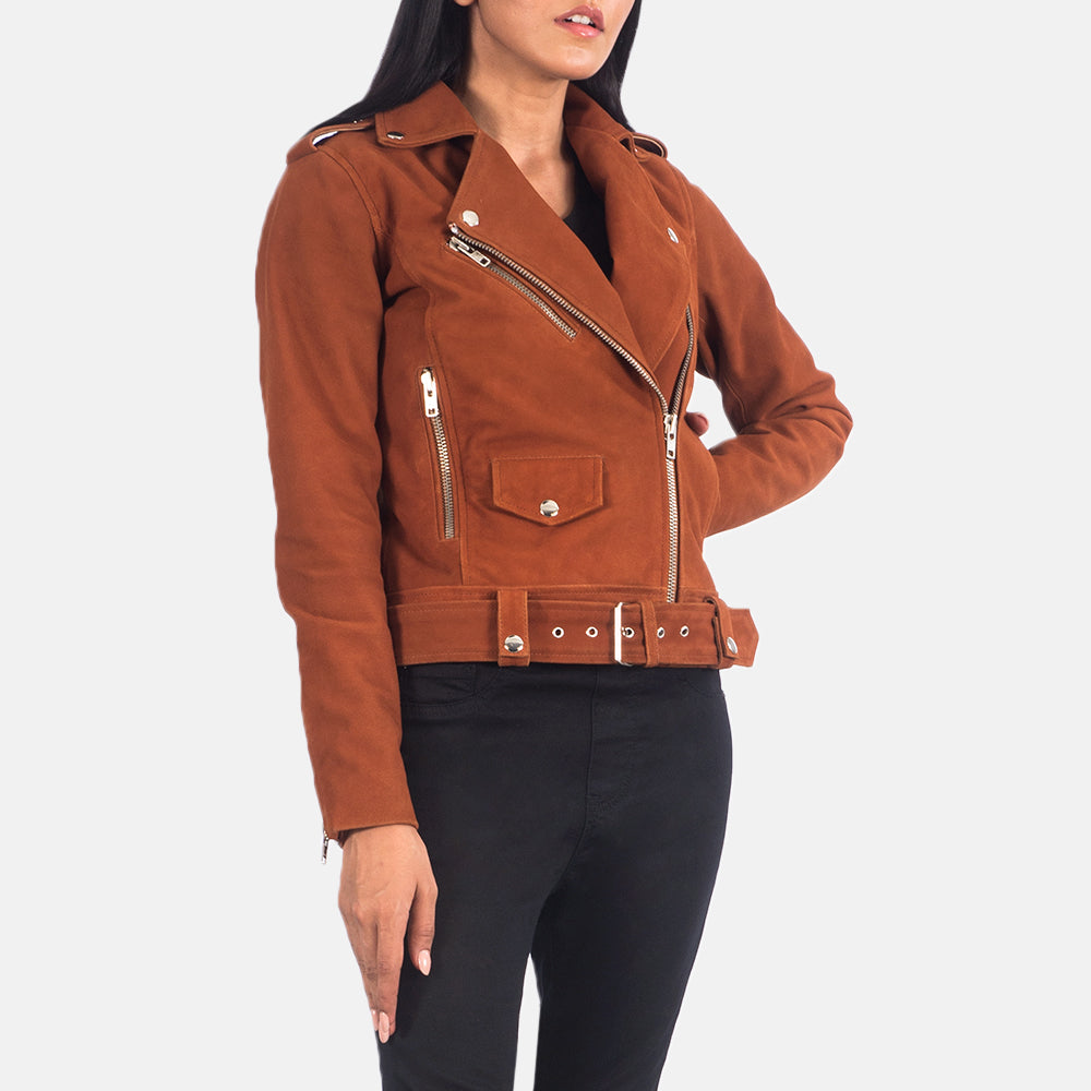 Close-Up Detail of Notch &amp; Zipper Hardware on Women's Alison Brun Suede Læder Bikerjakke til Kvinder