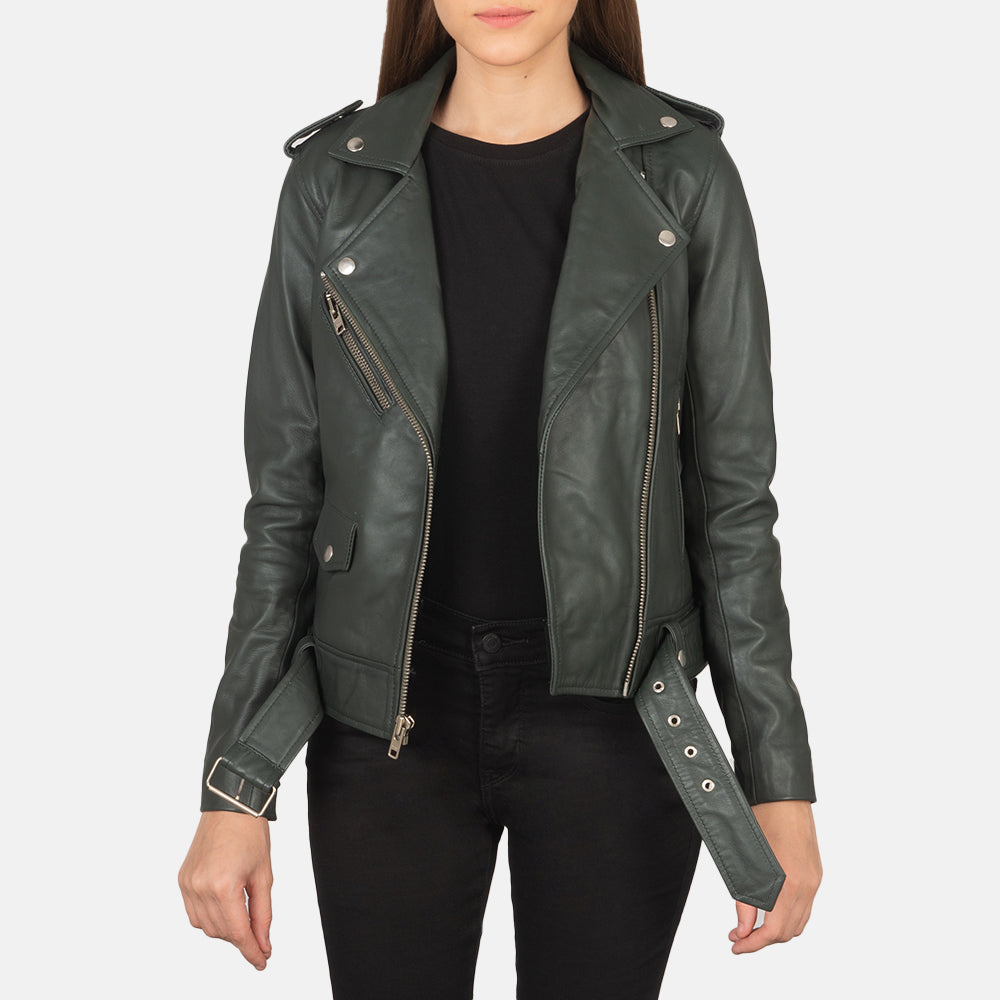 Women's Alison Green Læder Bikerjakke til Kvinder in Green Sheepskin Leather - Front Profile View &amp; Tailored Silhouette | Buy Online
