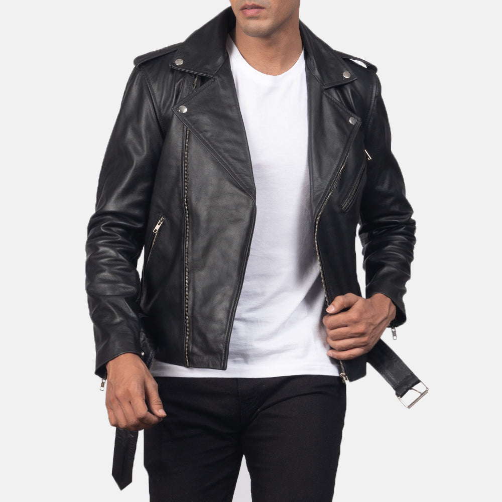 Close-Up Detail of Notch & Zipper & Waist belt Hardware on Men's Allaric Alley Black Leather Biker Jacket