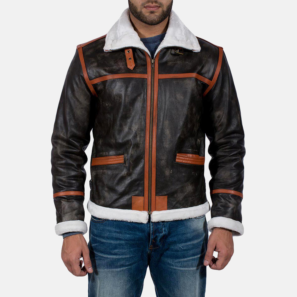 Men's Alpine Brun Fur Læderjakke til Mænd in Distressed Brown Goatskin Leather - Front Profile View &amp; Tailored Silhouette | Buy Online