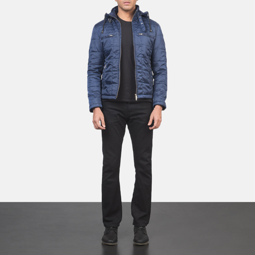 Close-Up Detail of High neck with Belt &amp; Zipper Hardware on Men's Alps Quilted Blue Windbreaker Jacket