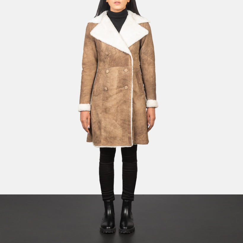 Amie Distressed Brun Double-Breasted Shearling Coat til Kvinder