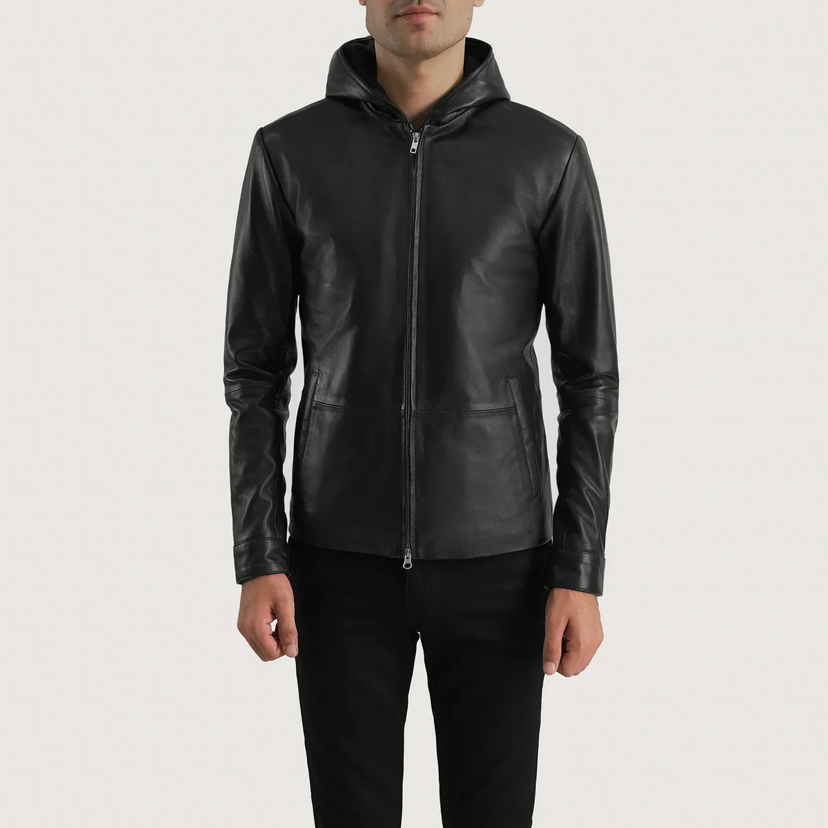 Men's Andy Matte Sort Hooded Læderjakke til Mænd in Matte Black Sheepskin Leather - Front Profile View &amp; Tailored Silhouette | Buy Online