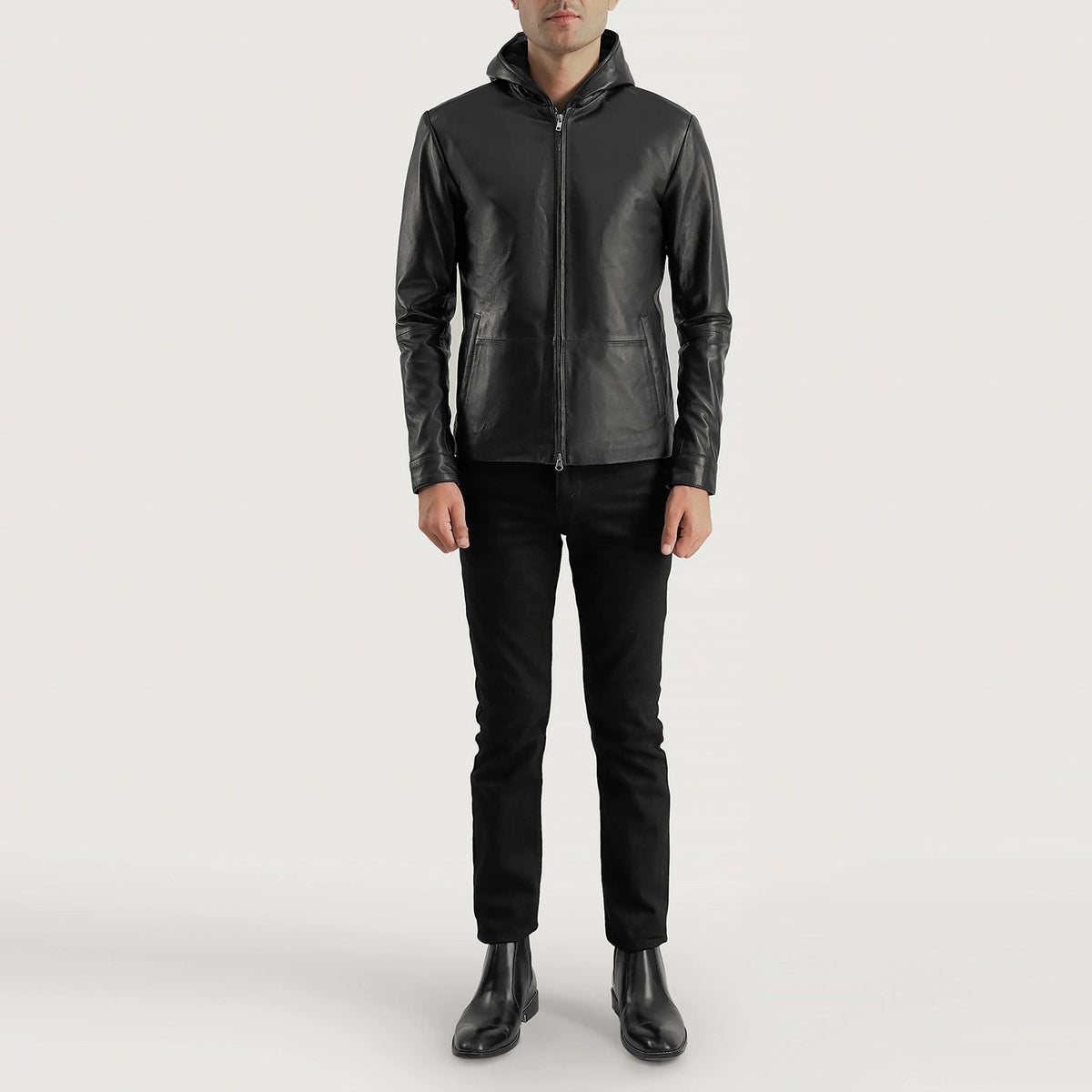 Close-Up Detail of Hooded &amp; Zipper Hardware on Men's Andy Matte Sort Hooded Læderjakke til Mænd