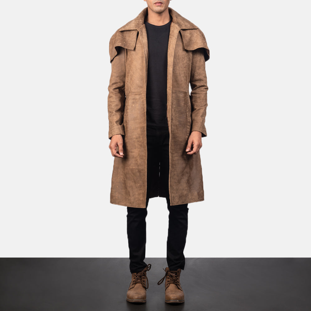 Men's Army Brun Leather Duster til Mænd in Distressed Brown Sheepskin Snuffed - Front Profile View &amp; Tailored Silhouette | Buy Online