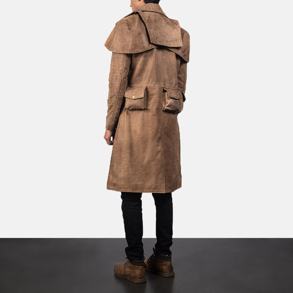 Men's Army Brun Leather Duster til Mænd - Lateral Side Profile View Showing Sleeve Cut &amp; Athletic Taper Fit