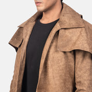 Close-Up Detail of Classic Collar &amp; Heavy-Duty Zipper Hardware on Men's Army Brun Leather Duster til Mænd
