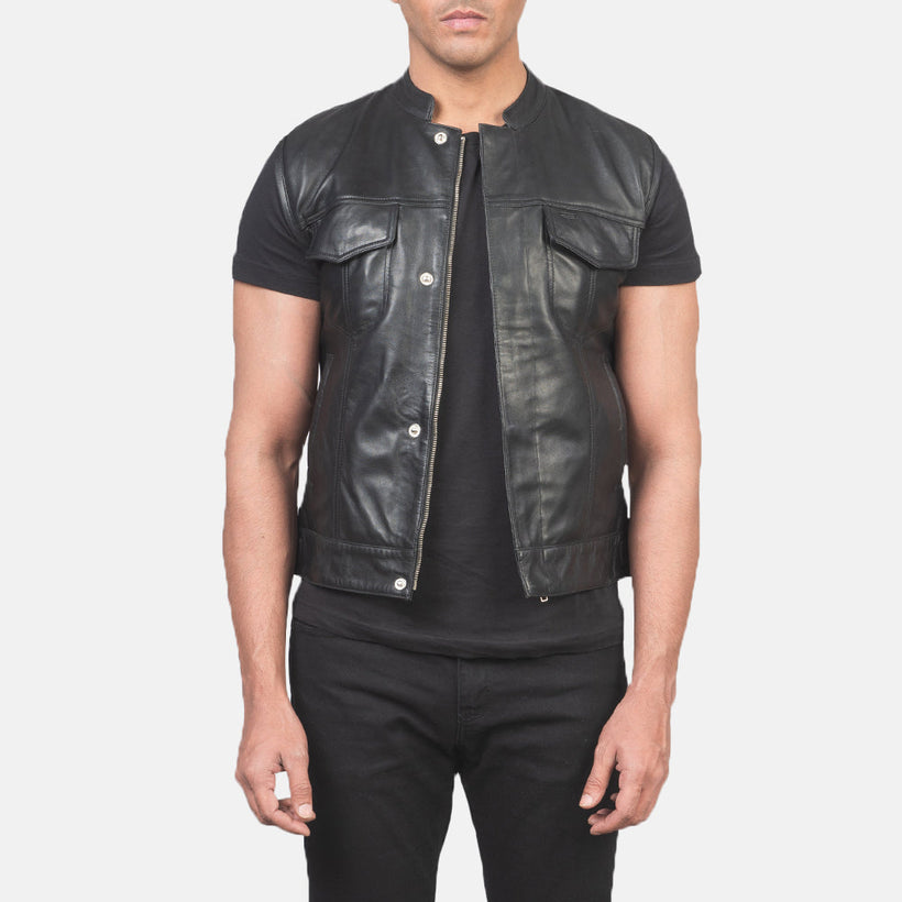 Atlas Moto Sort Leather Vest til Mænd