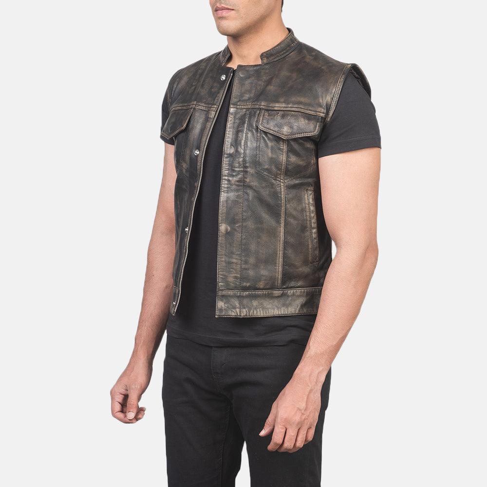 
Distressed Brown Sheepskin Leather Biker Jacket - Bagfra med tilpassede skuldre og ren kant