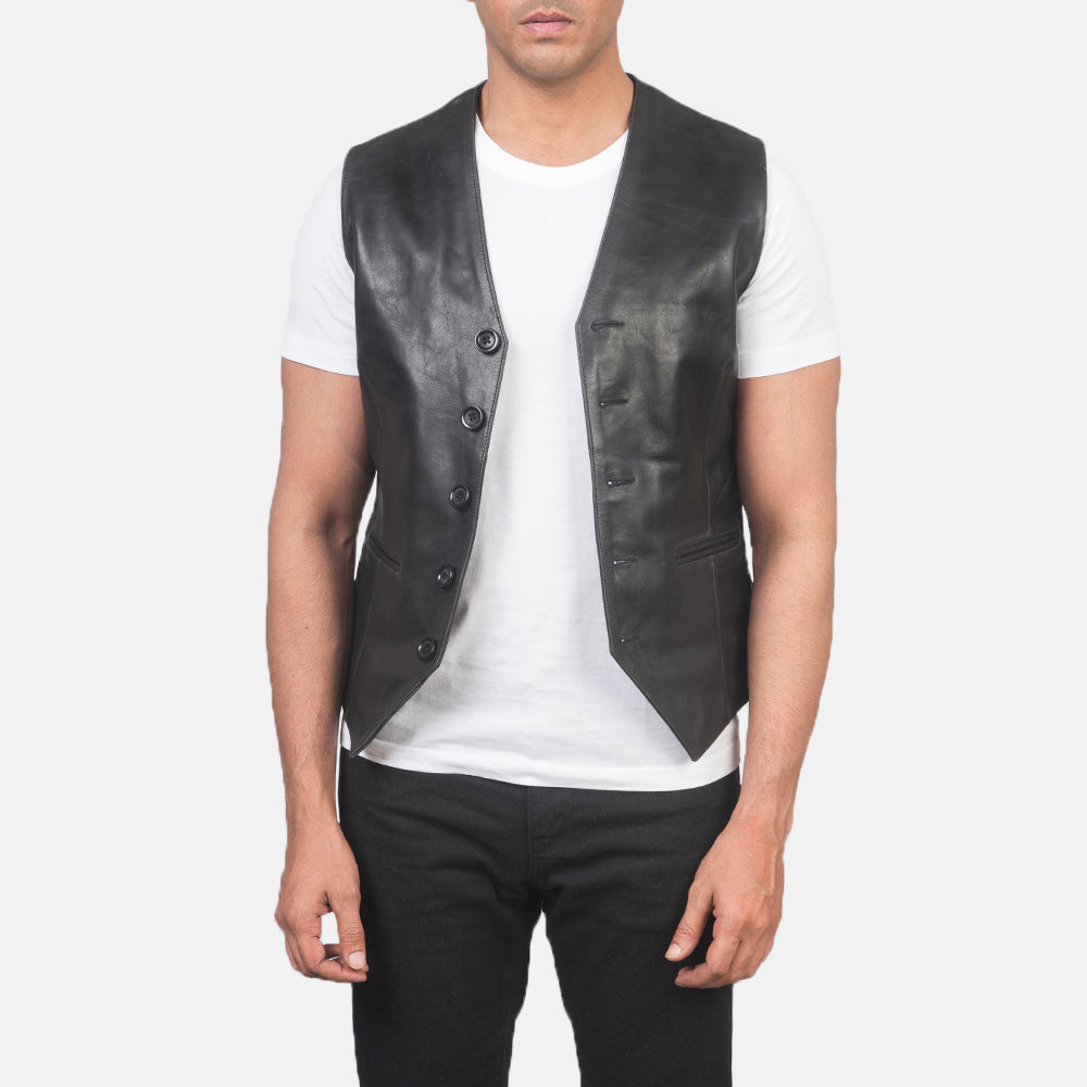 Men's Auden Sort Leather Vest til Mænd in Black Cowhide Leather - Front Profile View &amp; Tailored Silhouette | Buy Online