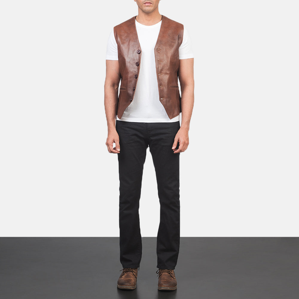 Men's Auden Brown Leather Vest - Lateral Side Profile View Showing Sleeve Cut & Athletic Taper Fit