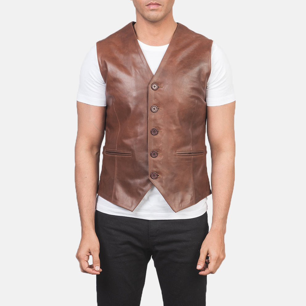 Close-Up Detail of Classic Collar & 5 Button Hardware on Men's Auden Brown Leather Vest