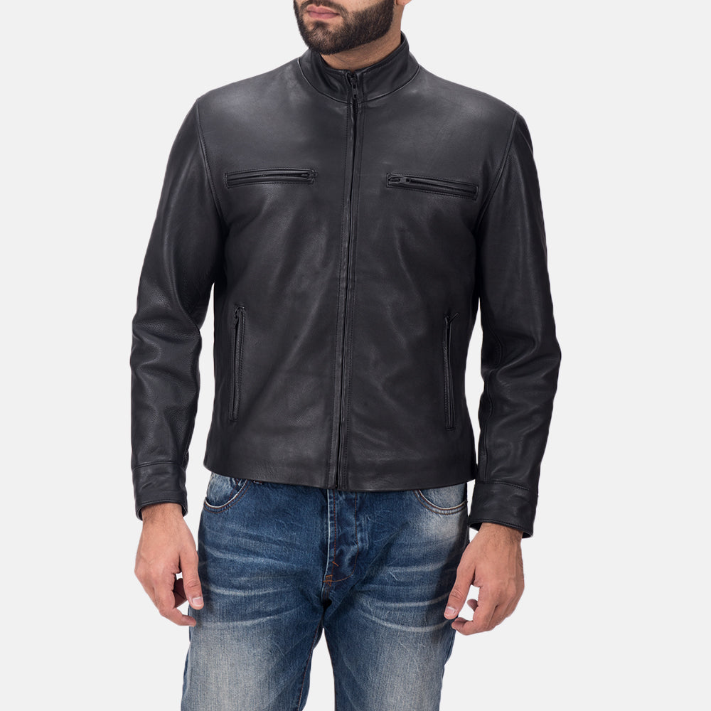 Austere Matte Sort Læder Bikerjakke til Mænd in Black Calfskin Matte - Front Profile View &amp; Tailored Silhouette | Buy Online