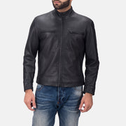Austere Matte Sort Læder Bikerjakke til Mænd in Black Calfskin Matte - Front Profile View &amp; Tailored Silhouette | Buy Online